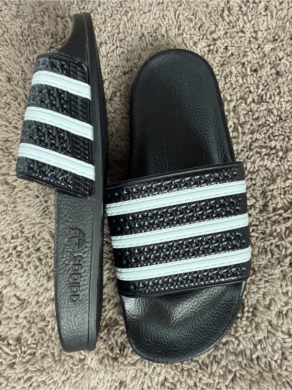 adidas Black Slides with White Stripes